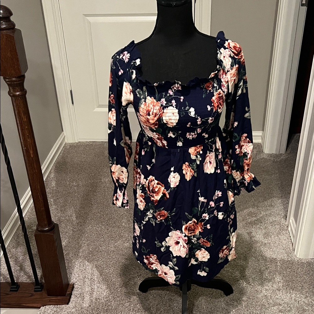 Xhilaration Navy Blue Floral Long Sleeve Dress - Picture 4 of 13